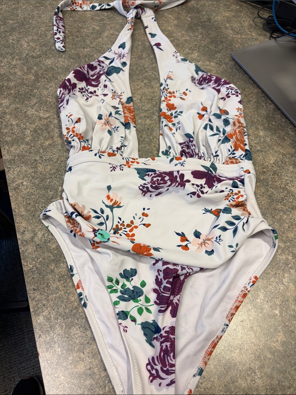 Cupshe White Floral Halter One-Piece Swimsuit with Purple & Orange Flowers
